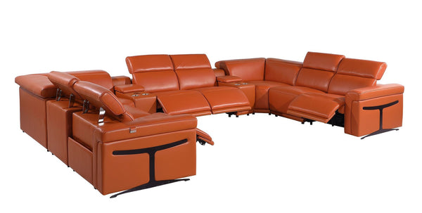 HomeRoots Camel Italian Leather U-Shaped Power Reclining Sectional Sofa with Console for Ultimate Comfort 634692