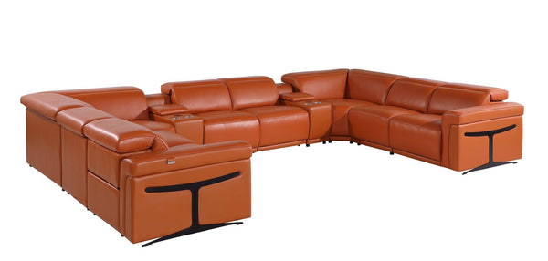 HomeRoots Camel Italian Leather U-Shaped Power Reclining Sectional Sofa with Console for Ultimate Comfort 634692