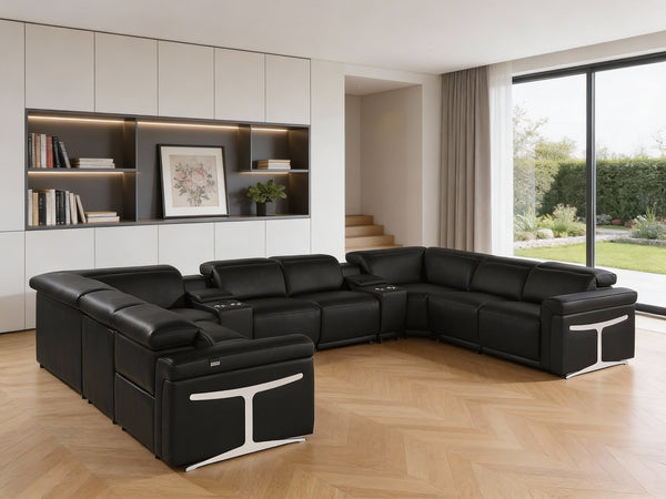 HomeRoots Black Italian Leather U-Shaped Sectional: Power Reclining Comfort & Modern Design for 8 People 634693