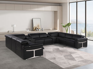 HomeRoots Black Italian Leather U-Shaped Sectional: Power Reclining Comfort & Modern Design for 8 People 634693