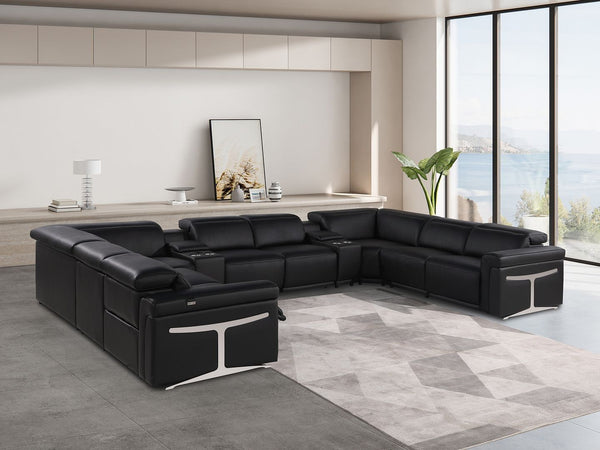 HomeRoots Black Italian Leather U-Shaped Sectional: Power Reclining Comfort & Modern Design for 8 People 634693