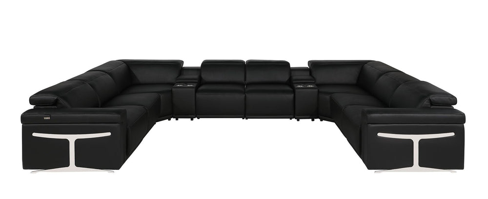 HomeRoots Black Italian Leather U-Shaped Sectional: Power Reclining Comfort & Modern Design for 8 People 634693