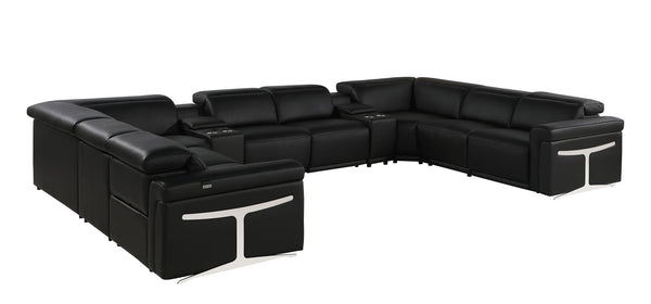 HomeRoots Black Italian Leather U-Shaped Sectional: Power Reclining Comfort & Modern Design for 8 People 634693