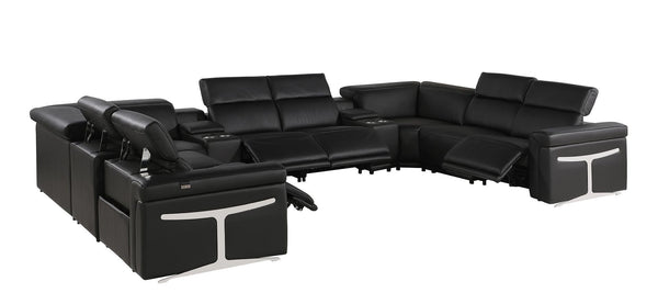 HomeRoots Black Italian Leather U-Shaped Sectional: Power Reclining Comfort & Modern Design for 8 People 634693
