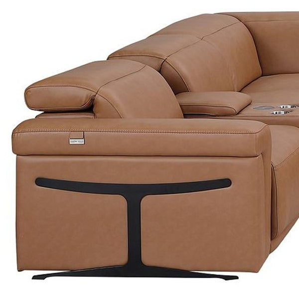 HomeRoots Chestnut Luxurious Italian Leather U-Shaped Sectional with Power Recliners & Console for Comfort 634694
