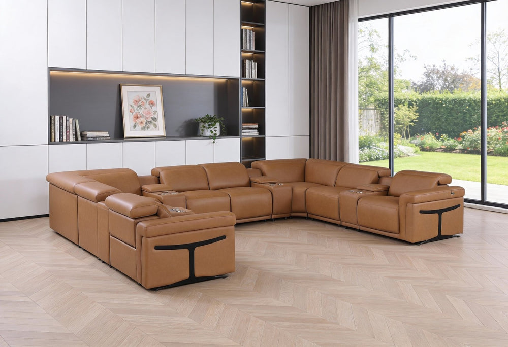 HomeRoots Chestnut Luxurious Italian Leather U-Shaped Sectional with Power Recliners & Console for Comfort 634694