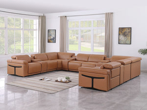 HomeRoots Chestnut Luxurious Italian Leather U-Shaped Sectional with Power Recliners & Console for Comfort 634694