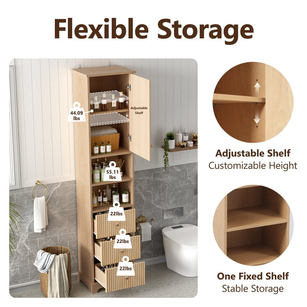 English Elm 67.7" Tall Freestanding Bathroom Cabinet with 3 Drawers, Open Shelves, Gold Handles, Anti-Tip Safety N729P335604O