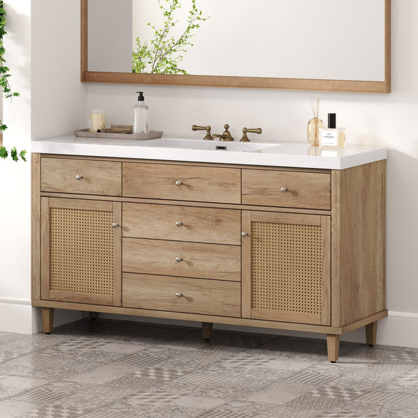 English Elm Christopher Knight Home® - 60" Modern Bathroom Vanity with Durable SMC Sink, Rattan Doors, Soft-Close Drawers, Pine Legs Antique Natural N817P296130N