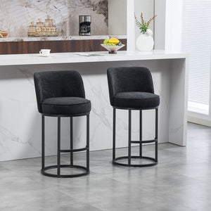 English Elm Counter Height Barstools Set of 2 Linen Upholstered Barrel Seat with Iron Legs Black W395P410438