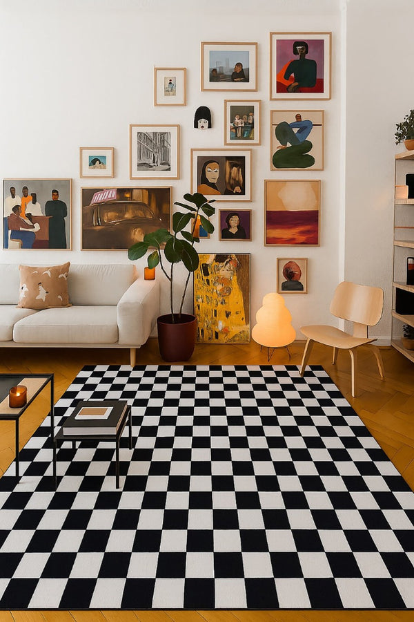 HomeRoots 5' Black and White Checkered Area Rug - Stylish, Stain-Resistant Design for Modern Living Spaces 8' X 11' 634764