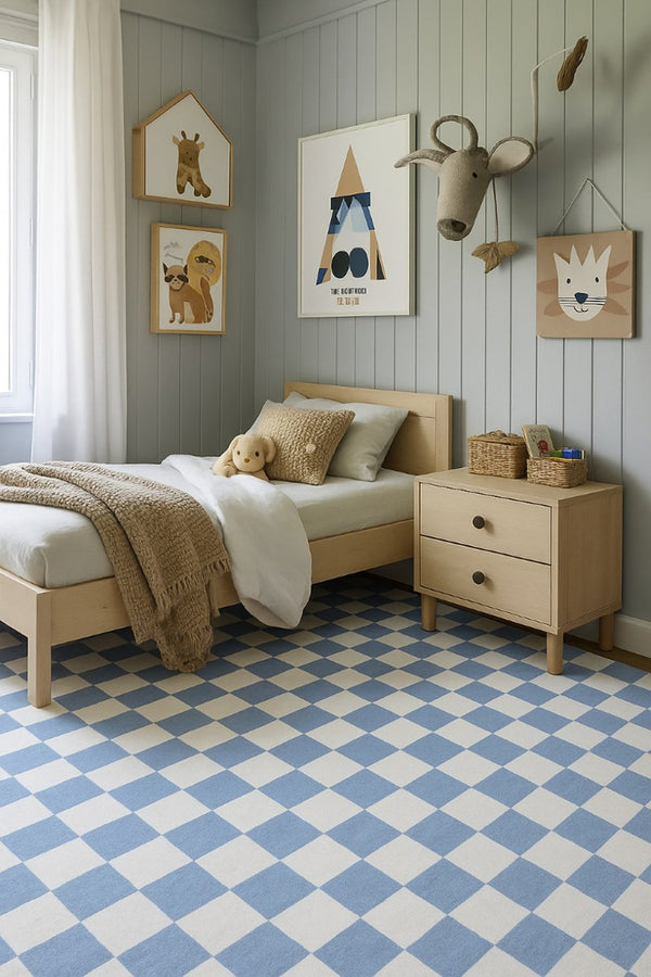 HomeRoots 5' Stylish Blue and Off-White Checkered Area Rug for Modern Homes - Durable, Stain-Resistant Design 7' X 10' 634767