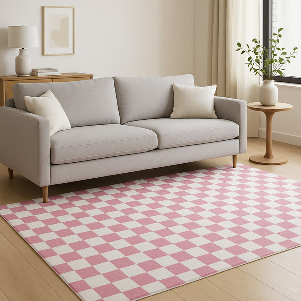 HomeRoots 5' Pink and Off-White Checkered Area Rug - Soft, Durable Design for Modern Living Spaces and Families 5' X 8' 634770