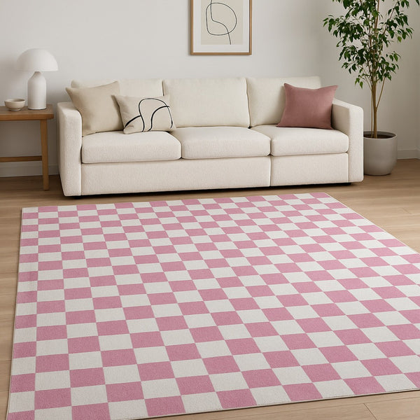HomeRoots 5' Pink and Off-White Checkered Area Rug - Soft, Durable Design for Modern Living Spaces and Families 7' X 10' 634771