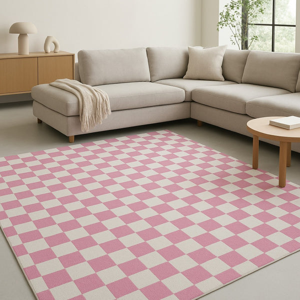 HomeRoots 5' Pink and Off-White Checkered Area Rug - Soft, Durable Design for Modern Living Spaces and Families 8' X 11' 634772