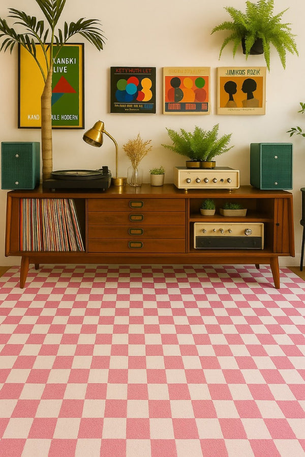 HomeRoots 5' Pink and Off-White Checkered Area Rug - Soft, Durable Design for Modern Living Spaces and Families 8' X 11' 634772