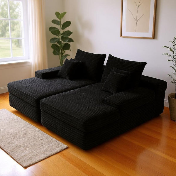 HomeRoots 82" Black Corduroy Modular Sofa Chaise with Plush Pillows for Ultimate Comfort & Style Upgrade 634781
