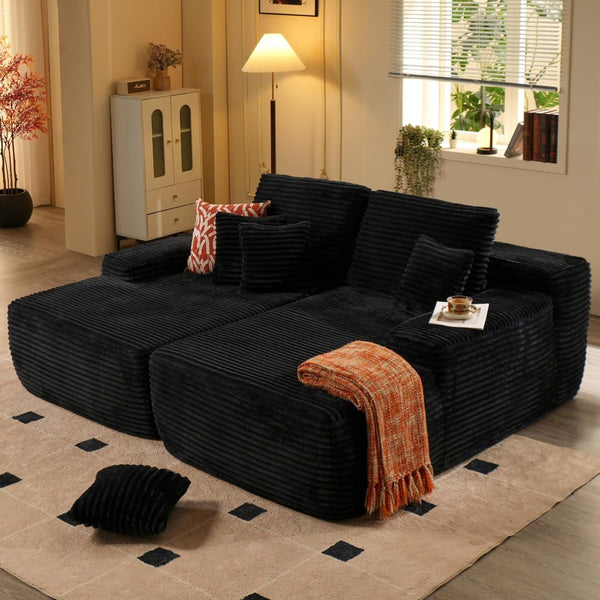 HomeRoots 82" Black Corduroy Modular Sofa Chaise with Plush Pillows for Ultimate Comfort & Style Upgrade 634781