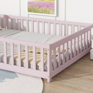 English Elm Twin Solid Rubberwood Floor Bed with Full Perimeter Safety Rails for Toddler Rooms Pink W504P296791