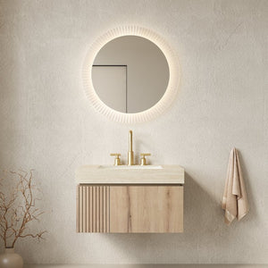 English Elm Muri Floating Bathroom Vanity Plywood Cabinet Travertine Stone Top White Oak Grain W2615S00612