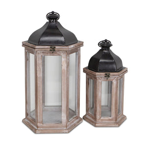 HomeRoots Set of Two Rustic Brown Geometric Lantern Candle Holders - Stylish Decor for Home and Events 634814