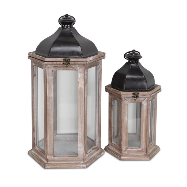 HomeRoots Set of Two Rustic Brown Geometric Lantern Candle Holders - Stylish Decor for Home and Events 634814