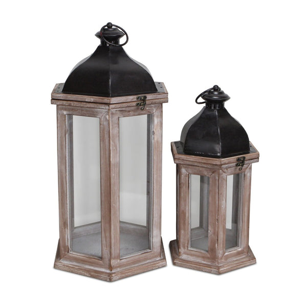 HomeRoots Set of Two Rustic Brown Geometric Lantern Candle Holders - Stylish Decor for Home and Events 634814