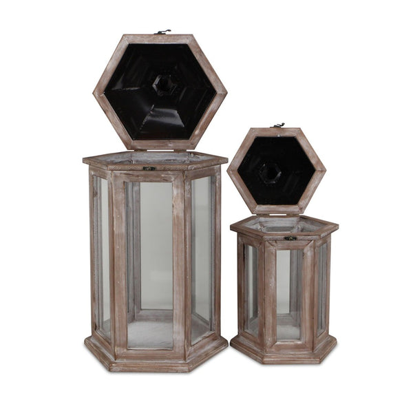 HomeRoots Set of Two Rustic Brown Geometric Lantern Candle Holders - Stylish Decor for Home and Events 634814