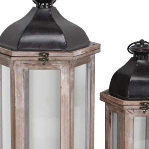 HomeRoots Set of Two Rustic Brown Geometric Lantern Candle Holders - Stylish Decor for Home and Events 634814