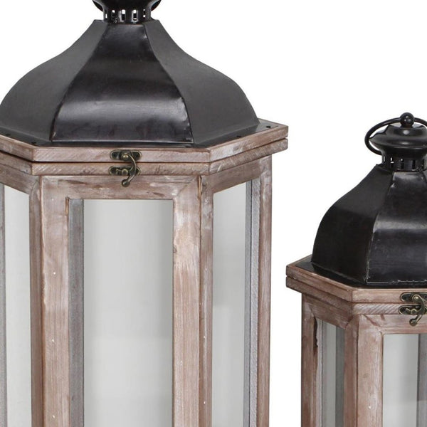 HomeRoots Set of Two Rustic Brown Geometric Lantern Candle Holders - Stylish Decor for Home and Events 634814