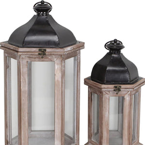 HomeRoots Set of Two Rustic Brown Geometric Lantern Candle Holders - Stylish Decor for Home and Events 634814