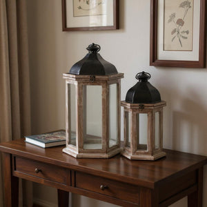 HomeRoots Set of Two Rustic Brown Geometric Lantern Candle Holders - Stylish Decor for Home and Events 634814
