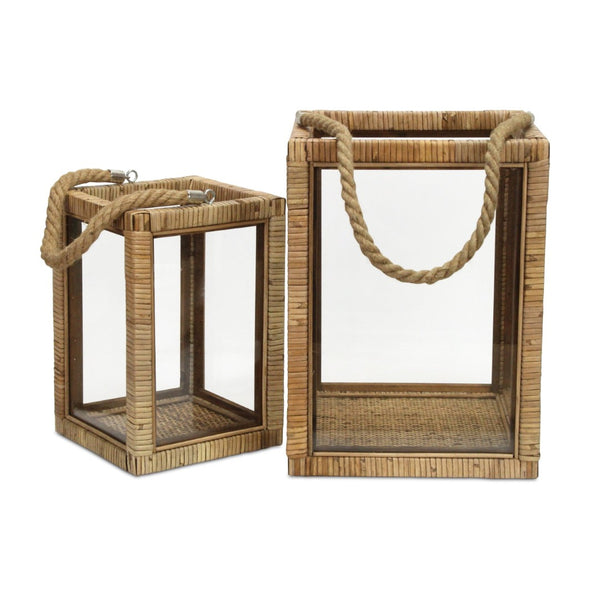 HomeRoots Set of Two Handcrafted Rattan and Glass Lantern Candle Holders for Coastal Ambience & Decor 634815