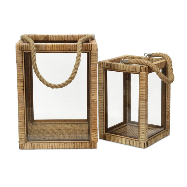 HomeRoots Set of Two Handcrafted Rattan and Glass Lantern Candle Holders for Coastal Ambience & Decor 634815