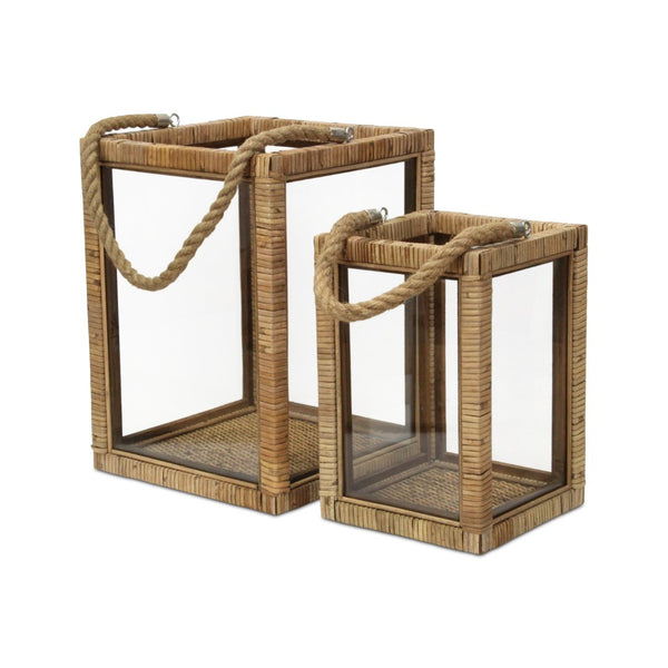 HomeRoots Set of Two Handcrafted Rattan and Glass Lantern Candle Holders for Coastal Ambience & Decor 634815
