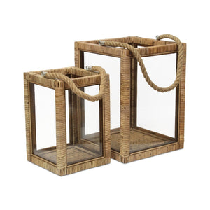 HomeRoots Set of Two Handcrafted Rattan and Glass Lantern Candle Holders for Coastal Ambience & Decor 634815