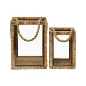 HomeRoots Set of Two Handcrafted Rattan and Glass Lantern Candle Holders for Coastal Ambience & Decor 634815
