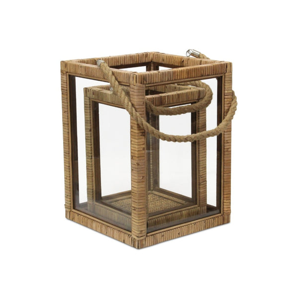 HomeRoots Set of Two Handcrafted Rattan and Glass Lantern Candle Holders for Coastal Ambience & Decor 634815