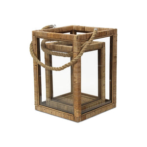 HomeRoots Set of Two Handcrafted Rattan and Glass Lantern Candle Holders for Coastal Ambience & Decor 634815