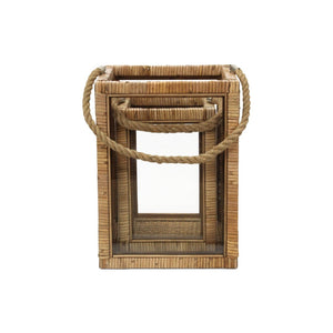 HomeRoots Set of Two Handcrafted Rattan and Glass Lantern Candle Holders for Coastal Ambience & Decor 634815