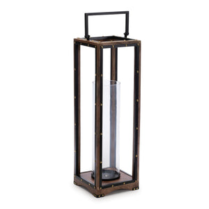 HomeRoots 25" Modern-Rustic Metal and Wood Lantern Candle Holder for Cozy Tabletop Décor and Events 634844