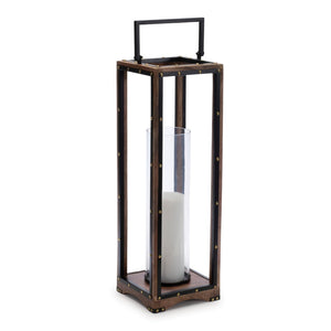 HomeRoots 25" Modern-Rustic Metal and Wood Lantern Candle Holder for Cozy Tabletop Décor and Events 634844