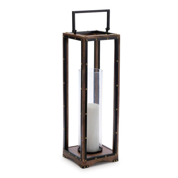 HomeRoots 25" Modern-Rustic Metal and Wood Lantern Candle Holder for Cozy Tabletop Décor and Events 634844
