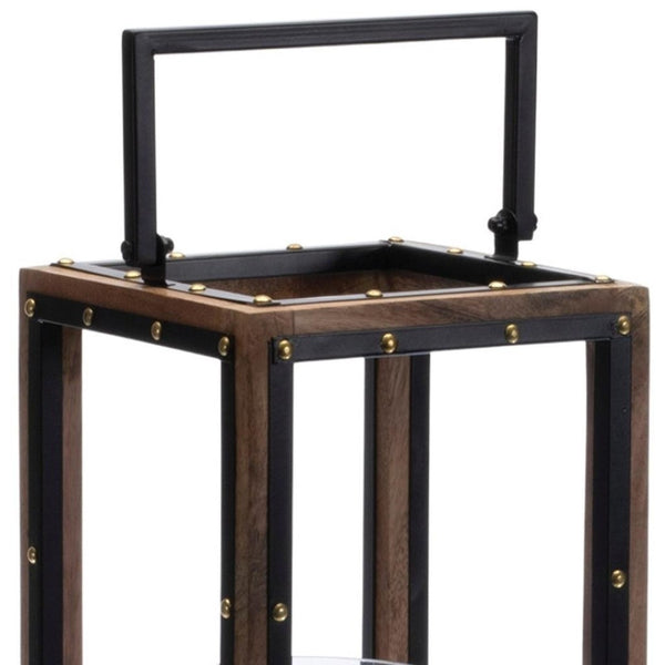 HomeRoots 25" Modern-Rustic Metal and Wood Lantern Candle Holder for Cozy Tabletop Décor and Events 634844