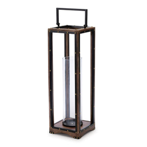 HomeRoots 25" Modern-Rustic Metal and Wood Lantern Candle Holder for Cozy Tabletop Décor and Events 634844
