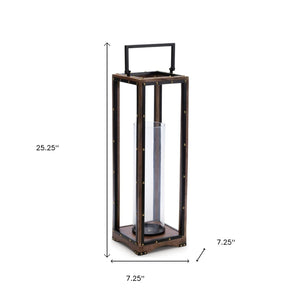 HomeRoots 25" Modern-Rustic Metal and Wood Lantern Candle Holder for Cozy Tabletop Décor and Events 634844