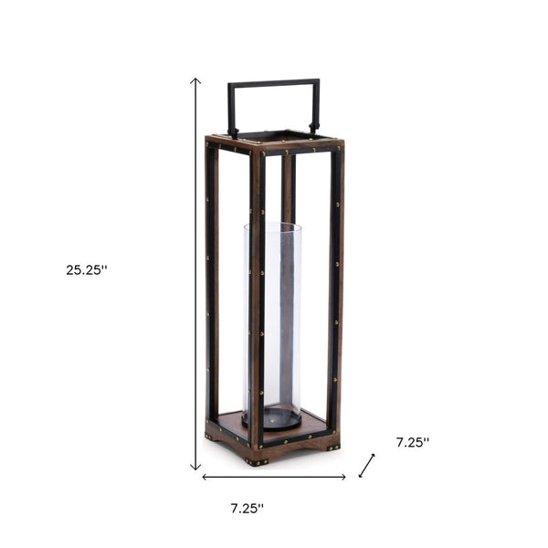 HomeRoots 25" Modern-Rustic Metal and Wood Lantern Candle Holder for Cozy Tabletop Décor and Events 634844