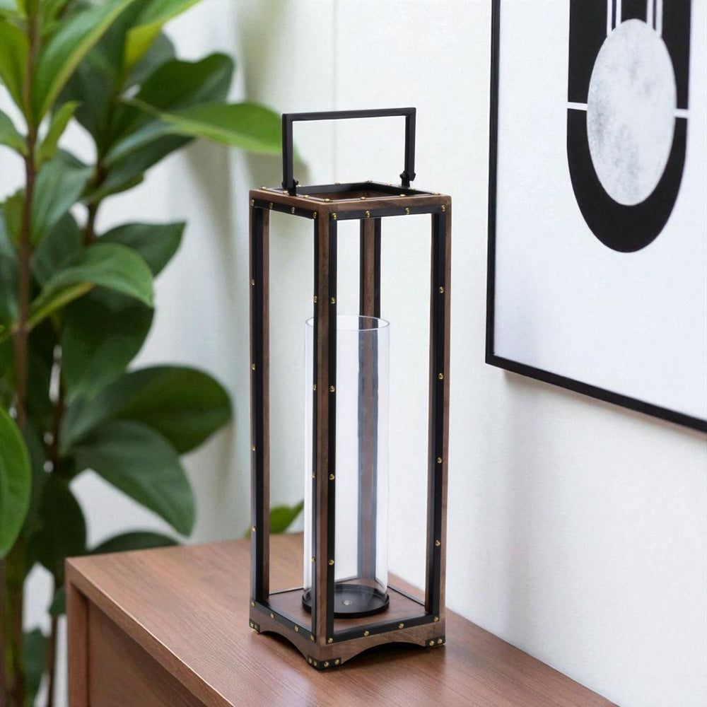 HomeRoots 25" Modern-Rustic Metal and Wood Lantern Candle Holder for Cozy Tabletop Décor and Events 634844