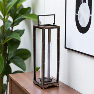 HomeRoots 25" Modern-Rustic Metal and Wood Lantern Candle Holder for Cozy Tabletop Décor and Events 634844