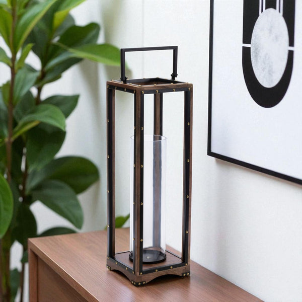 HomeRoots 25" Modern-Rustic Metal and Wood Lantern Candle Holder for Cozy Tabletop Décor and Events 634844
